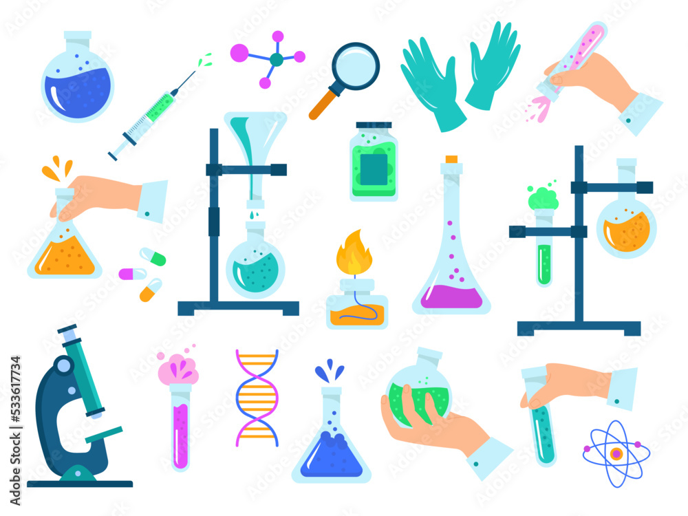 Chemistry lab set of elements. Microscope, tubes and bowls for chemical