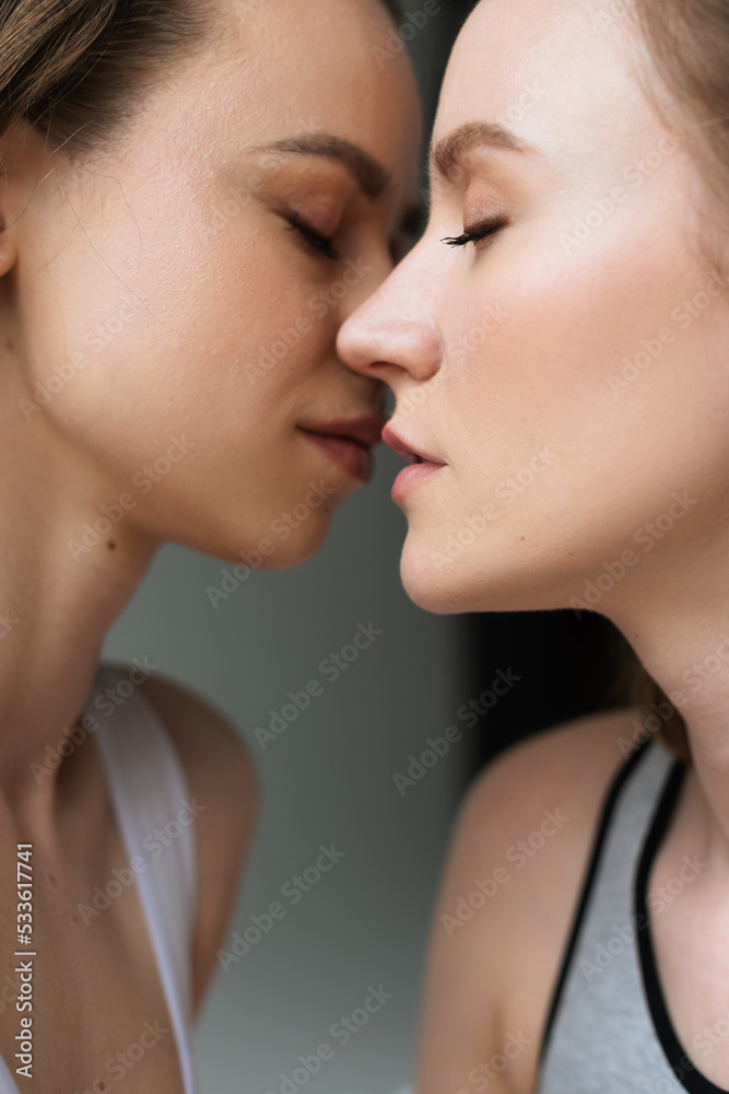 side view of lesbian couple with closed eyes kissing on grey background. side view of lesbian couple with closed eyes kissing on grey background.