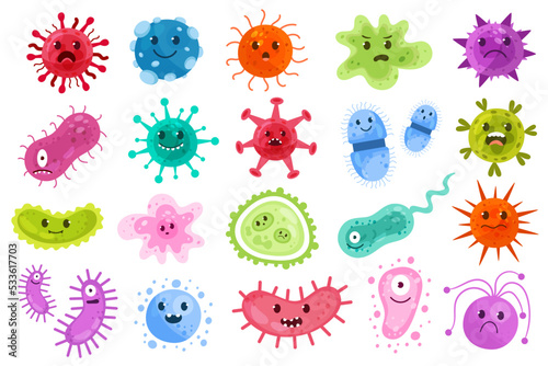 Bacteria, microbes, cute germs and viruses cartoon characters with funny faces photo