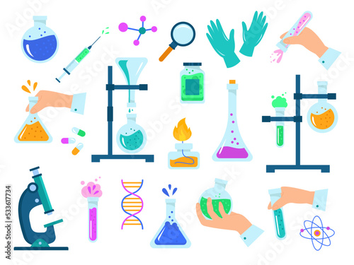 Chemistry lab set of elements. Microscope, tubes and bowls for chemical experiments in laboratory