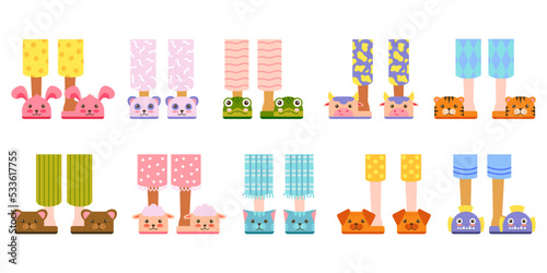 Children legs in slippers animals, comfortable stylish home shoes, cozy kids footwear