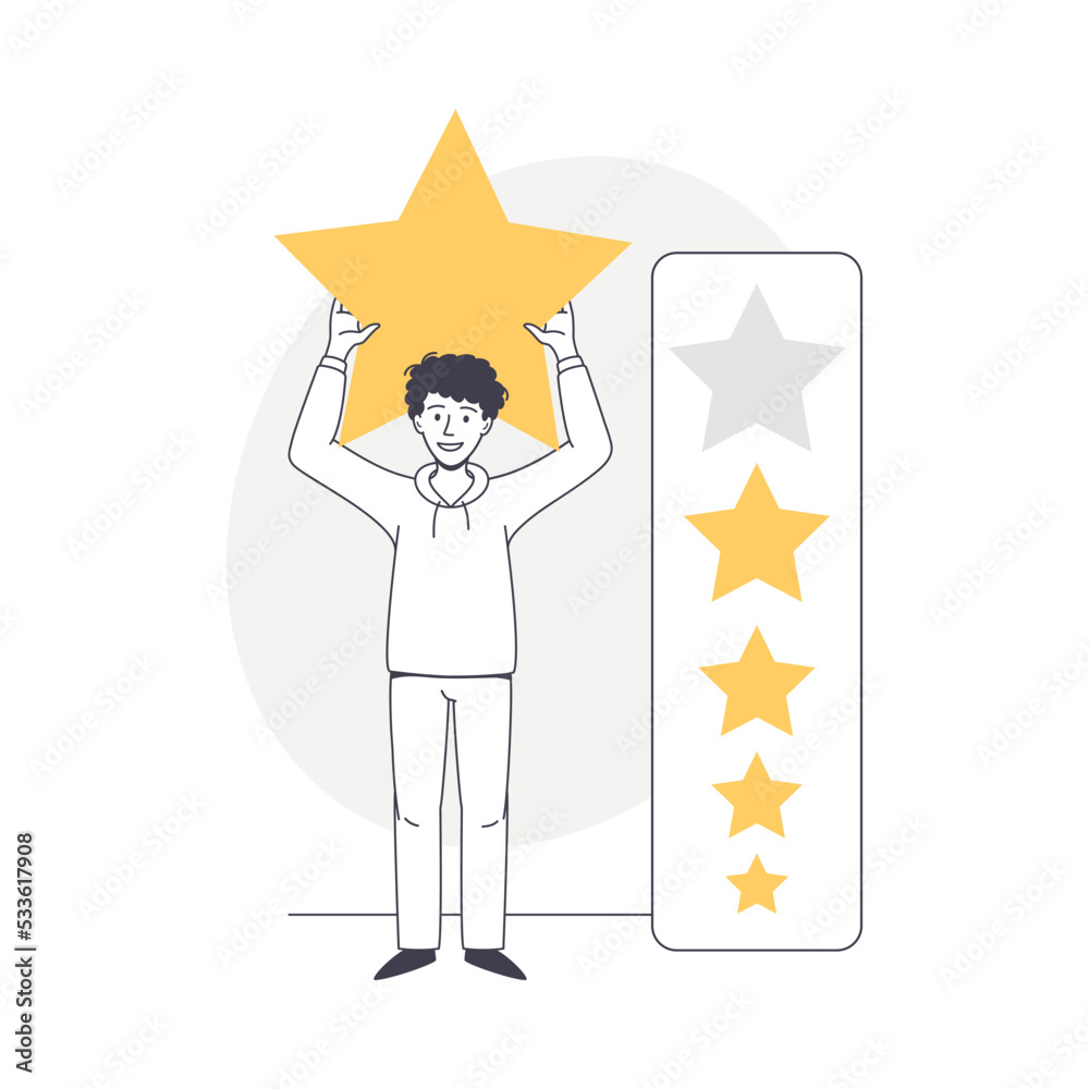 Feedback and Customer Review with Man Character Holding Star Rating Service Vector Illustration