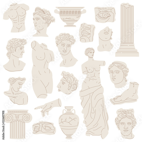 Greek marble statues aesthetic hand drawn set. Sculptures of human body and architectural elements