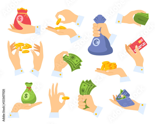 Hand holding money, set of elements. Cartoon arms grabbing paper cash, coins, bag with money