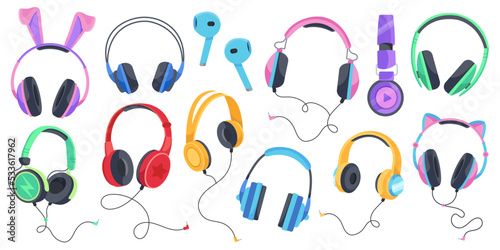 Set of headphones, audio equipment, wired and wireless earphones for music listening