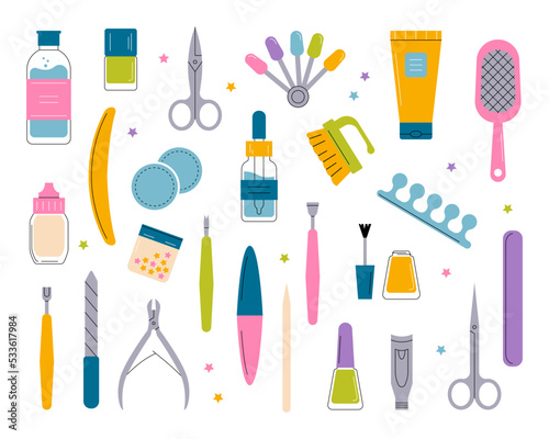 Manicure and pedicure tools and products set. Scissors, cuticle nipper, files, nail polish, clippers