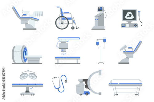 Hospital medical diagnostic equipment set. Clinic devices, health system, monitoring