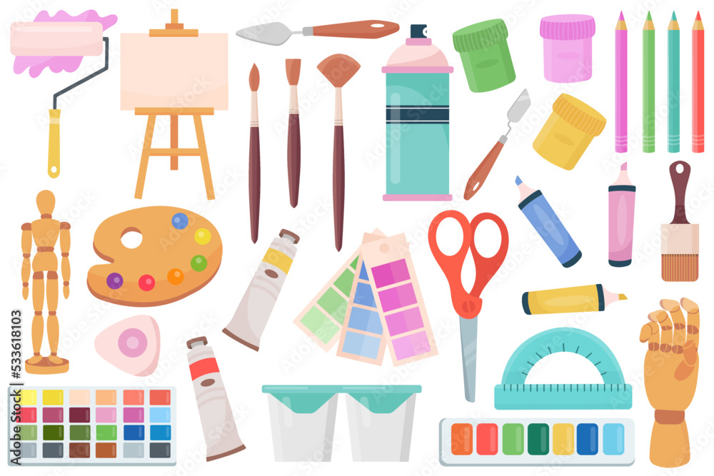 Drawing supplies set. Artists tools, brush, paint, scissors, palette, easel, paintbrush, canvas Drawing supplies set. Artists tools, brush, paint, scissors, palette, easel, paintbrush, canvas