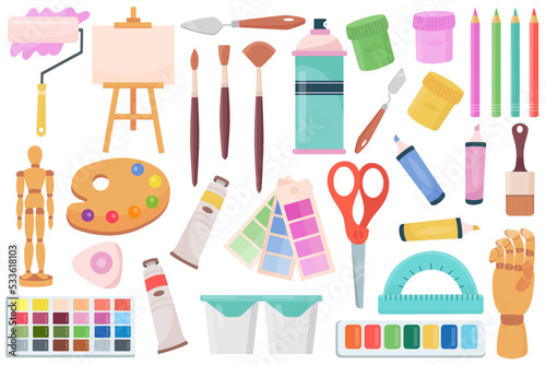Drawing supplies set. Artists tools, brush, paint, scissors, palette, easel, paintbrush, canvas