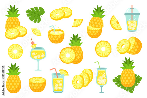 Pineapple elements set. Whole and slice fresh fruit, jar of lemonade, glass with juice and cocktail