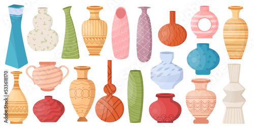 Colored pottery vases pots set. Cartoon ceramic vase, porcelain vessel for flowers, chinese objects
