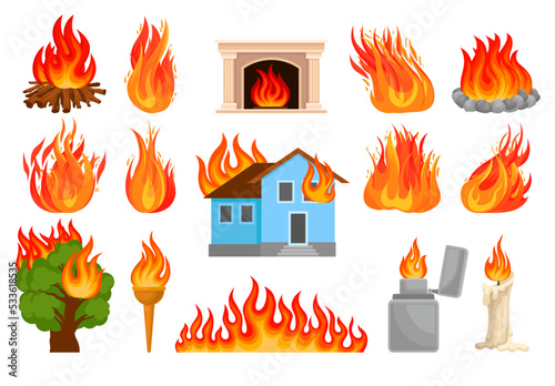 Wallpaper Mural Burning Fire and Flames with Fireplace, Firewood, House, Candle, Tree and Torch