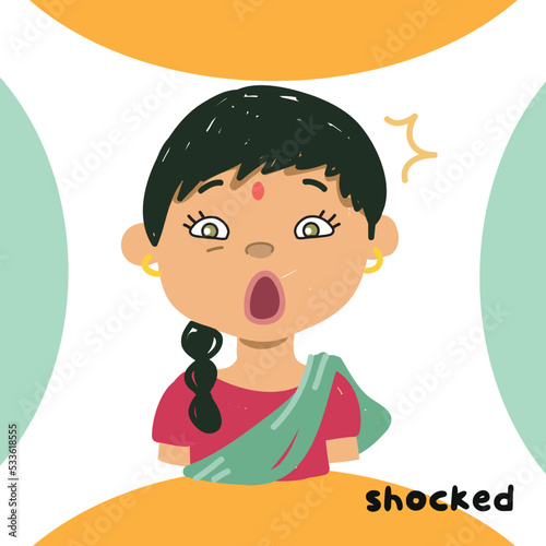 feeling flashcard for toddlers. Set of children express the feelings. English adjective words. Vector illustration.