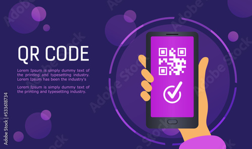 Scanning QR code with mobile phone. Qr code payment, cashless technology concept.