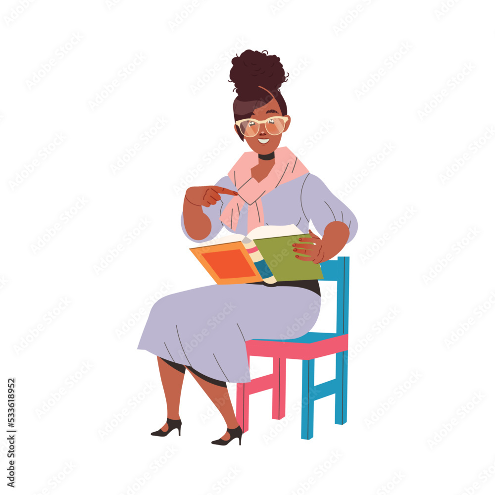 Woman School Teacher or Educator in Glasses Sitting on Chair with Book Vector Illustration Woman School Teacher or Educator in Glasses Sitting on Chair with Book Vector Illustration