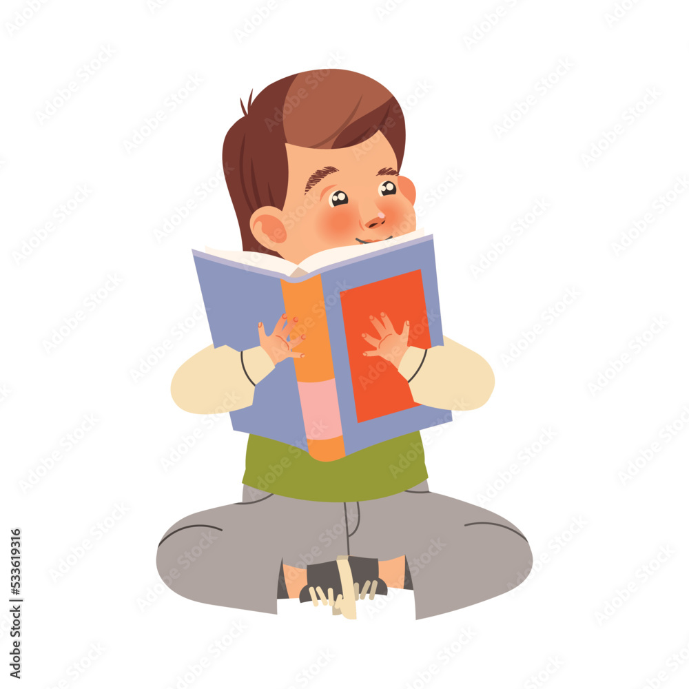 Girl First Grader Having Lesson Sitting with Open Book Vector Illustration Girl First Grader Having Lesson Sitting with Open Book Vector Illustration