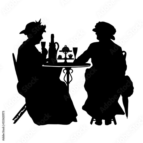 Silhouette Vector of Edwardian ladies sitting at a garden party with afternoon tea of cakes and Champagne.  Isolated against white background