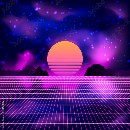 80s Retro Sci-Fi Background with Sunrise or Sunset. Vector futuristic synth retro wave illustration in 1980s posters style. Suitable for any print design in 80s style