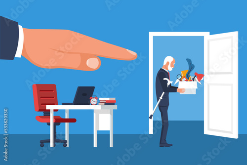 Elderly fired. Dismissed elderly. Fire old man. Dismissal of a pensioner. Age discrimination. Retirement. Job loss due to age. Vector illustration flat design. Isolated on white background.