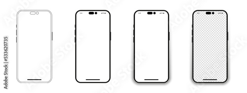 Set of realistic models smartphone with transparent screens. Smartphone mockup collection. Phone mockup in front. Mobile phone with shadow. Realistic, flat and line style. Vector EPS 10