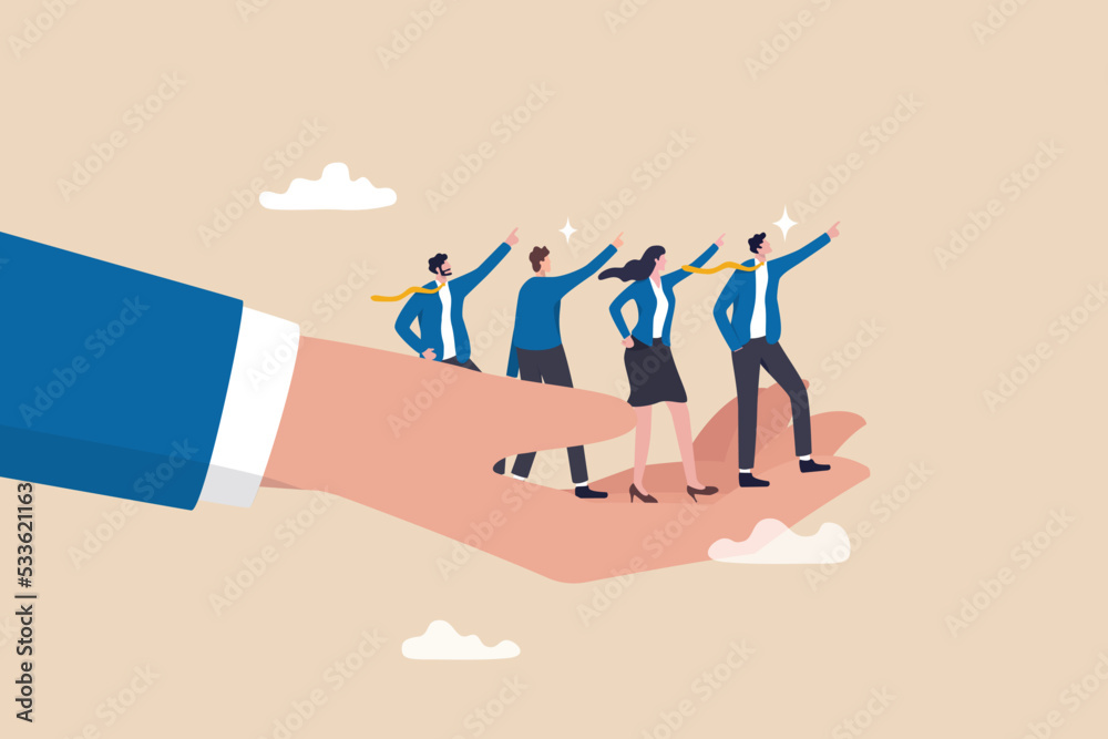 Company culture or employees sharing the same value, goals and attitude to make up organization and corporate success concept, business people employees pointing to the same goal in company hand. - obrazy, fototapety, plakaty 
