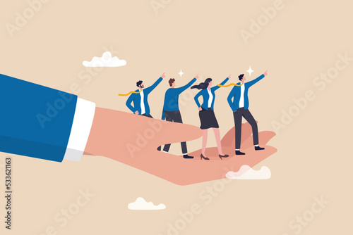 Company culture or employees sharing the same value, goals and attitude to make up organization and corporate success concept, business people employees pointing to the same goal in company hand.