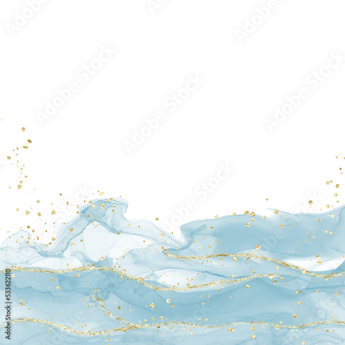 Abstract Watercolor Blue Alcohol Ink Art with Gold Glitter Illustration