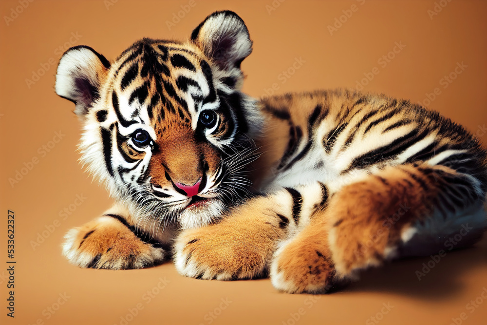 Obraz premium Cute baby tiger lying in studio as animal wildlife illustration