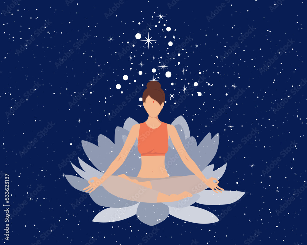 The concept of meditation and the unity of the world. Beautiful woman yoga in lotus pose on lotus flower on the background of the universe. Vector illustration.