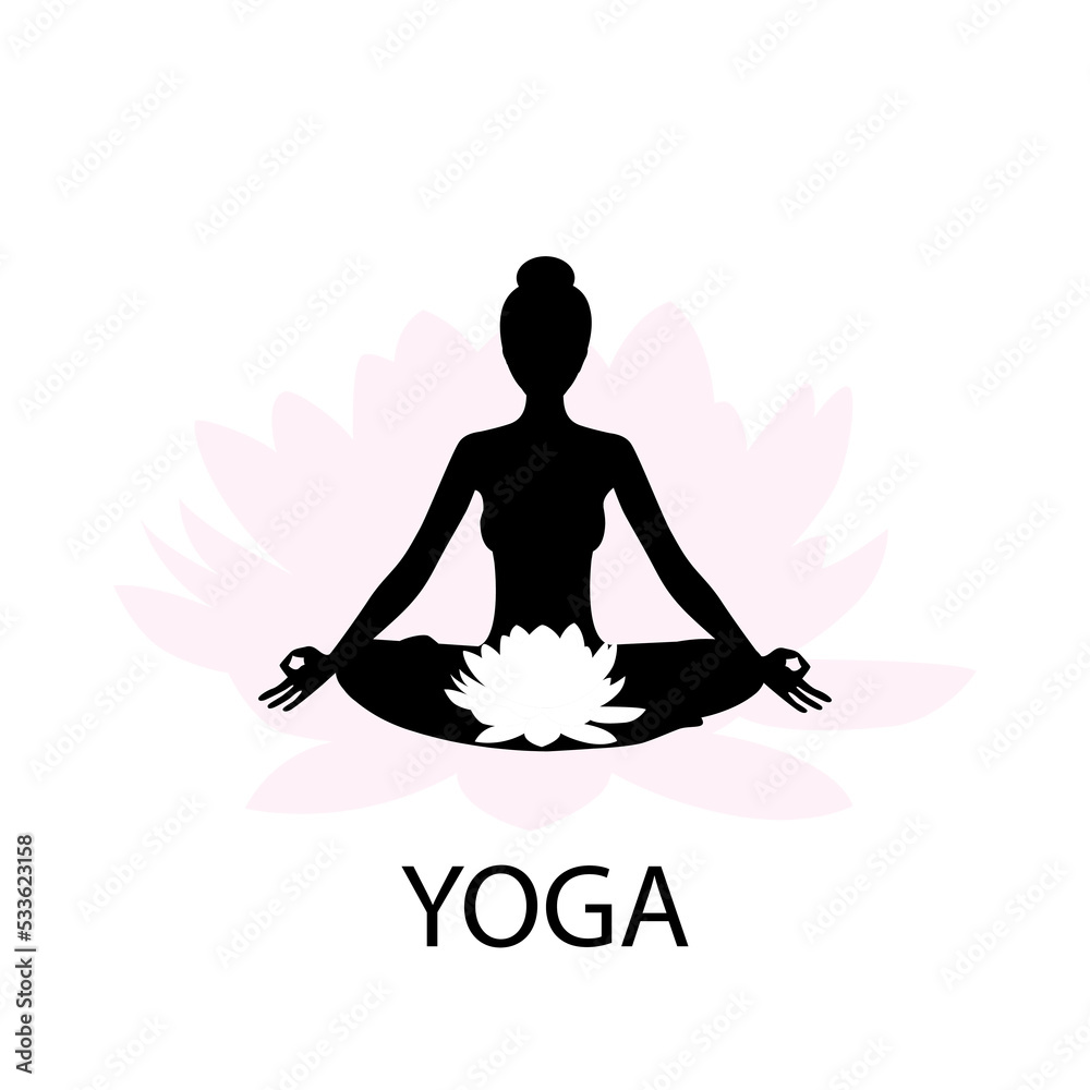 Yoga logo. Silhouette of a meditating woman with lotus flower. Vector illustration
