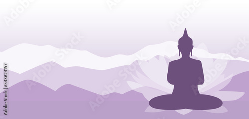 The silhouette of a Buddha meditating in the mountains. Vector illustration