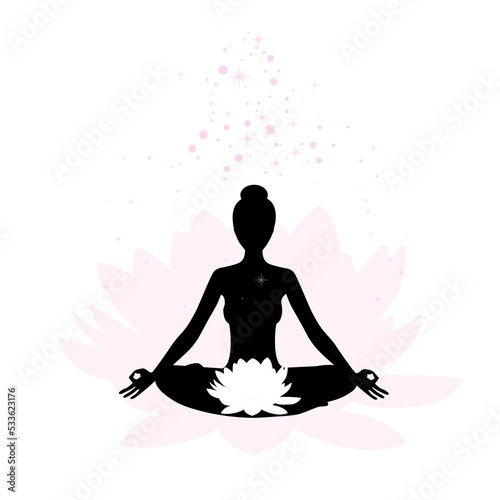 Yoga logo. Silhouette of a meditating woman with a lotus flower on the root chakra. Vector illustration