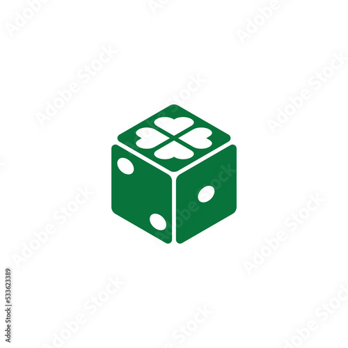 Dice logo with clover leaf, lucky logo for casino games, poker or related dice games.