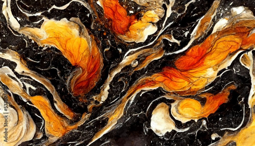 Black, orange and gold marble pattern. Alcohol ink technique stone texture. Abstract background