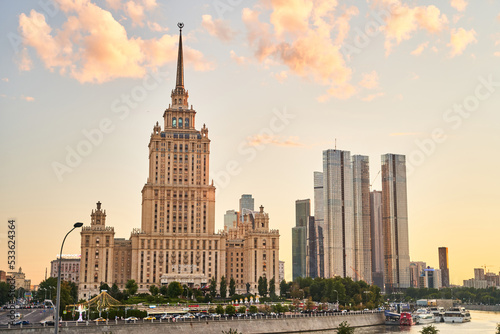 Moscow, Russia - 30.07.2022: View of the Ukraine Hotel and the Moscow City business center. Architecture of Moscow