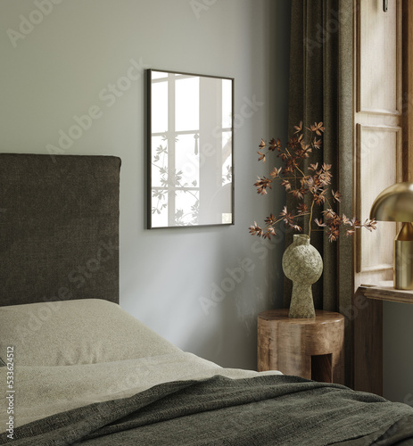 Frame mock-up in home interior background with bed and decor in bedroom, 3d render