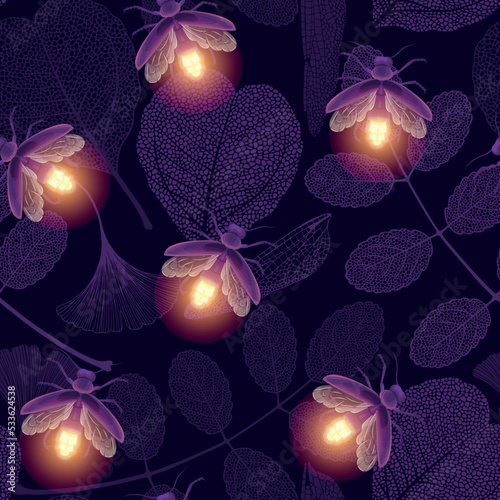 Firefly beetle and leaves vector seamless pattern