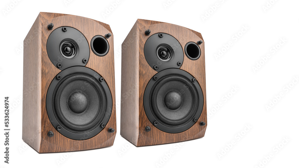 Fototapeta premium Music speakers on white background. Audio technica. Bookshelf speaker system for home entertainment.