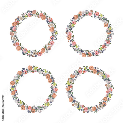 Vector floral wreath set. Abstract roses arrange in round border