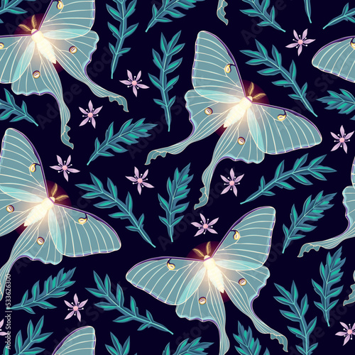 Moon moth with flowers vector seamles pattern