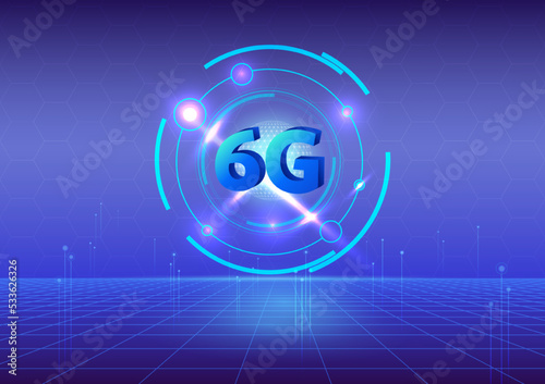 6G Technology High Speed Internet Blue Purple Tech Circle 3D Grid Floor Futuristic Infographic Background