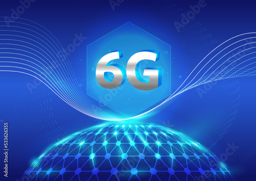 6G High Speed Internet, Network, Telecommunications, Neon Glow 3D Wireframe Globe Technology Abstract Background