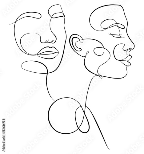 The hand draws faces with one continuous line. Fashionable Minimalism Style. Abstract portrait. Love. Couple. Vector Design For Valentine's Day Cards, Wedding Invitations, Tattoos.