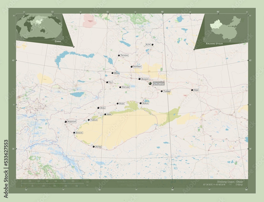Fototapeta premium Xinjiang Uygur, China. OSM. Labelled points of cities