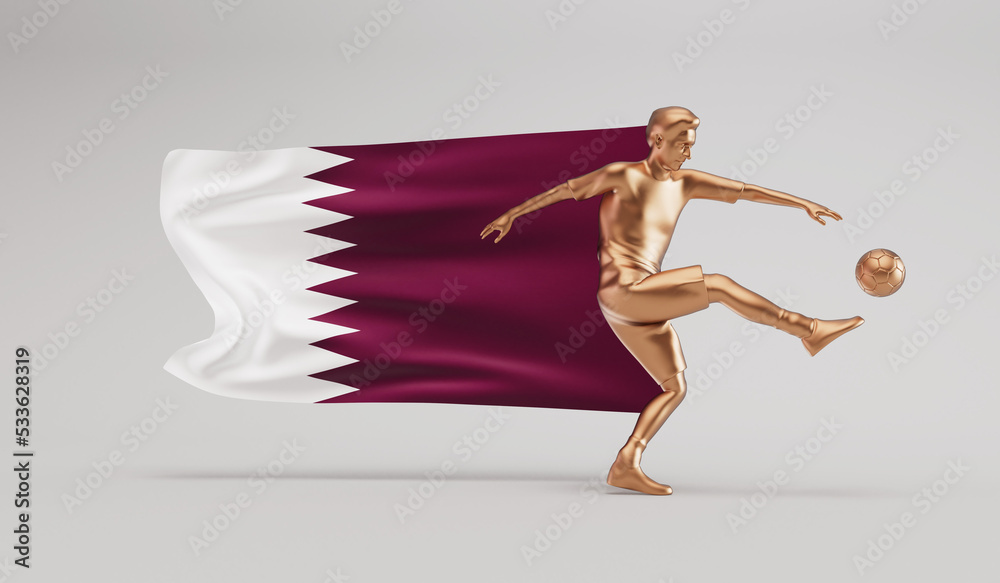 Golden soccer football player kicking a ball with qatar waving flag. 3D Rendering