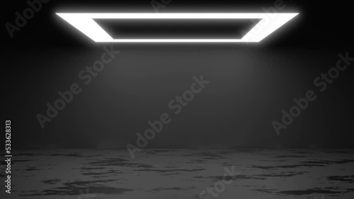 square frame neon white light for product background stage or podium pedestal on grunge street floor with glow spotlight and blank display platform. 3D rendering.