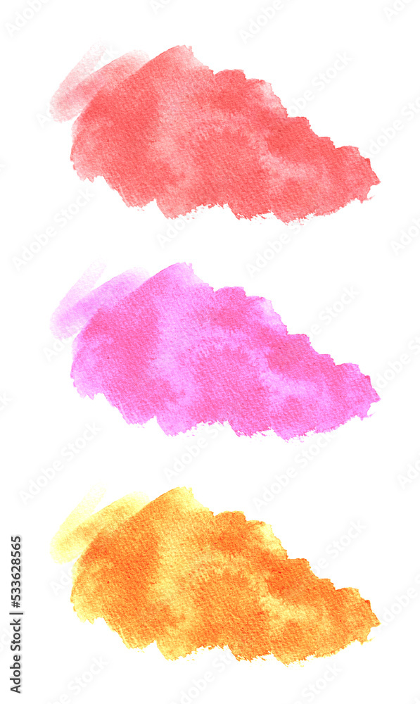 Paint stain. Digitally drawn art. Bright red, purple and yellow color. Realistic watercolor effect and paper texture. Isolated on white background. Simple graphic design element.