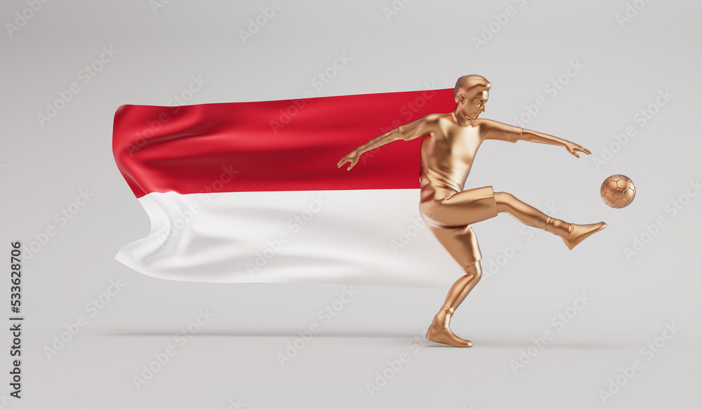 Golden soccer football player kicking a ball with indonesia waving flag. 3D Rendering