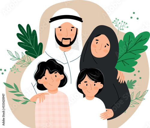 EMIRATI Arab UAE happy FAMILY, WITH NATIONAL DRESS FLAT DESIGN VECTOR ILLUSTRATION