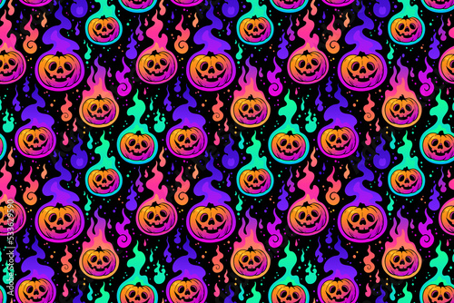 seamless halloween pattern of pumpkins burning with colorful flames